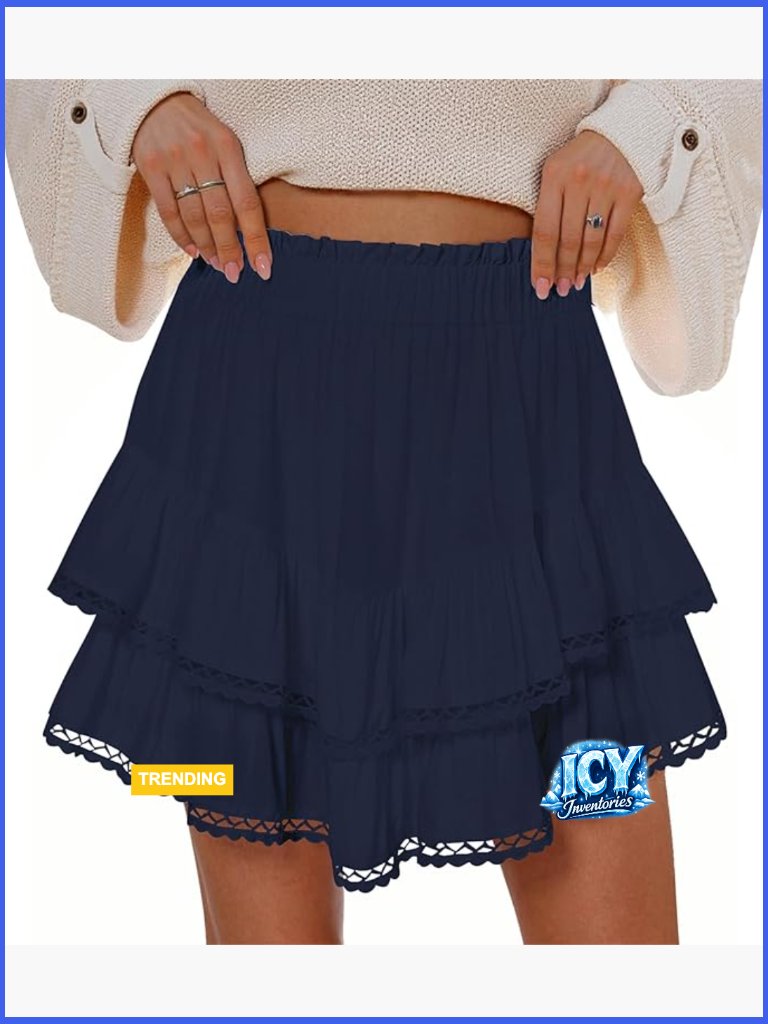 Cotton Blend High Waist Skorts With Lace Hem Built-In Shorts